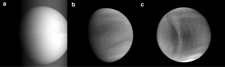 Three grayscale Venus observations labeled a, b and c: a bright partly framed disk, a mottled ultraviolet disk and a thermal disk with a dark bow-shaped feature.