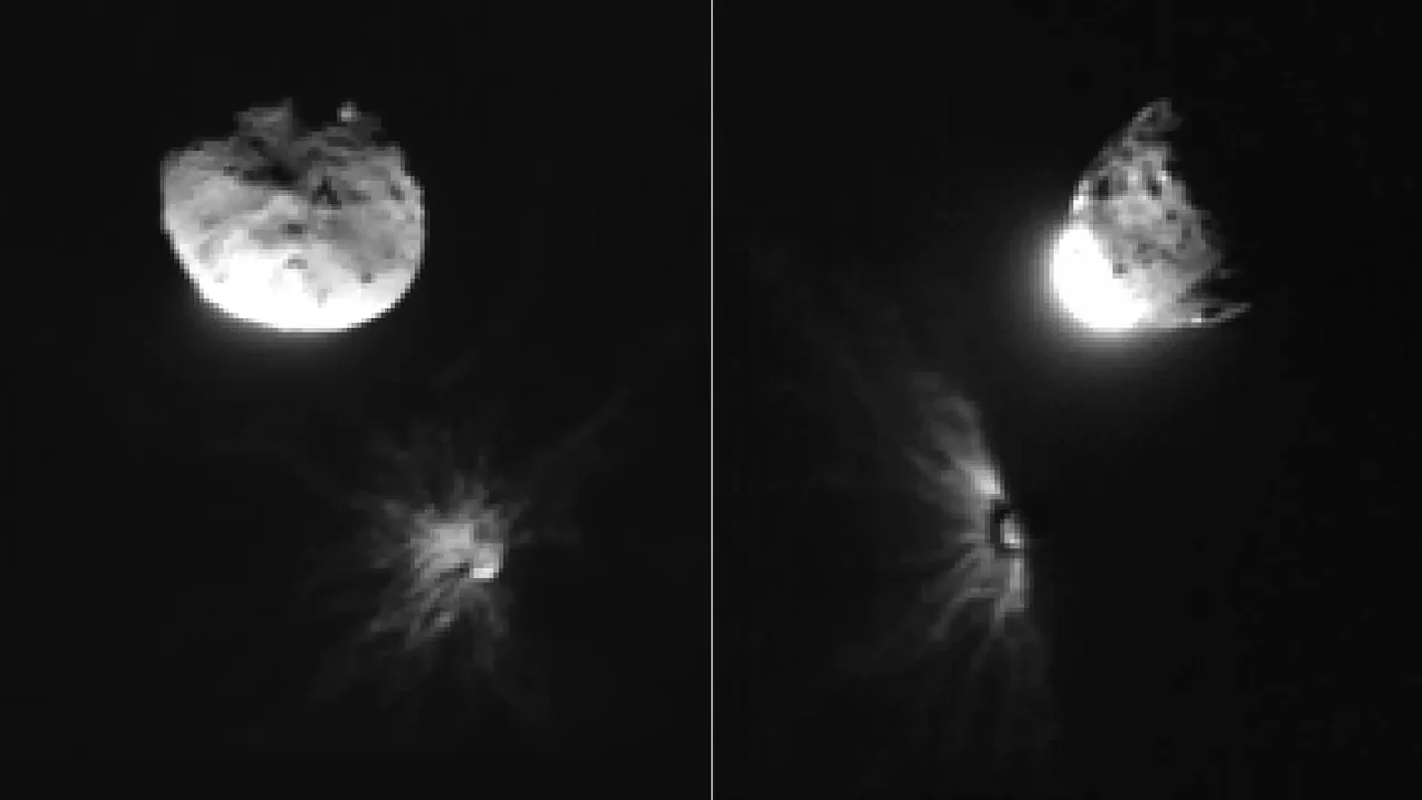 Two side-by-side LICIACube views show Didymos above the debris surrounding Dimorphos after DART’s impact