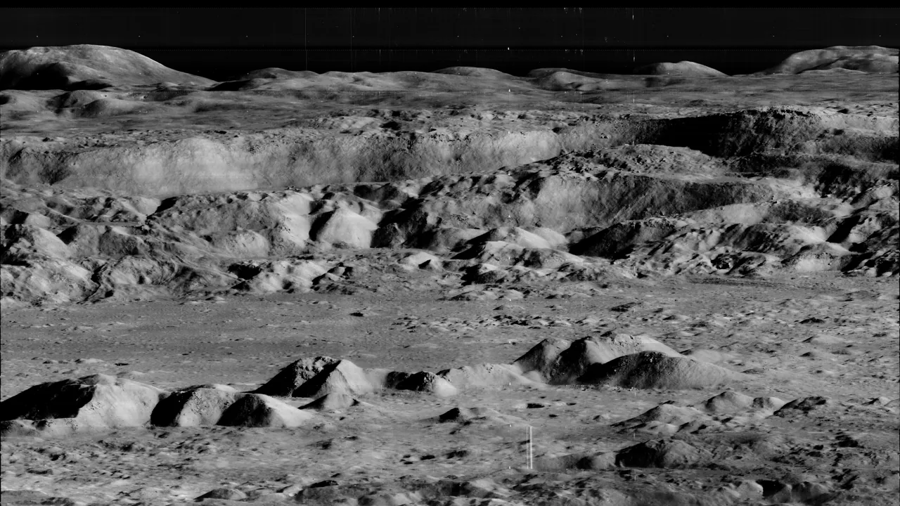 An oblique grayscale view across Copernicus crater, with central peaks in front, the far wall behind, and visible image-processing seams.