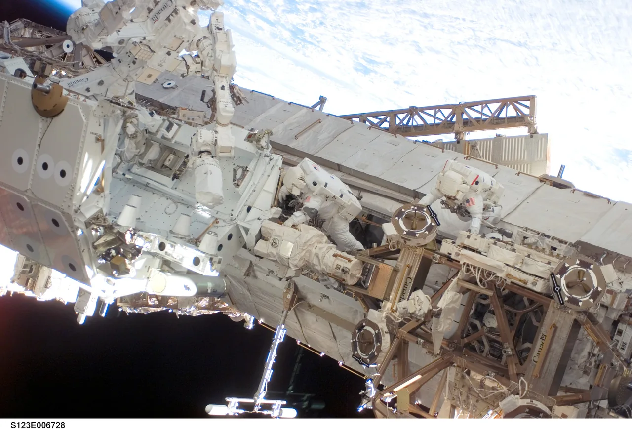 Richard Linnehan and Robert Behnken work on Dextre during a spacewalk