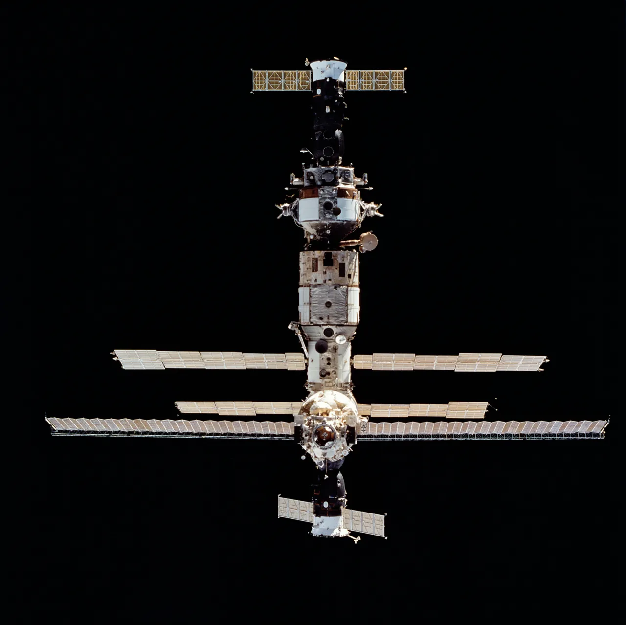 Mir space station seen from Discovery during the first close Shuttle rendezvous