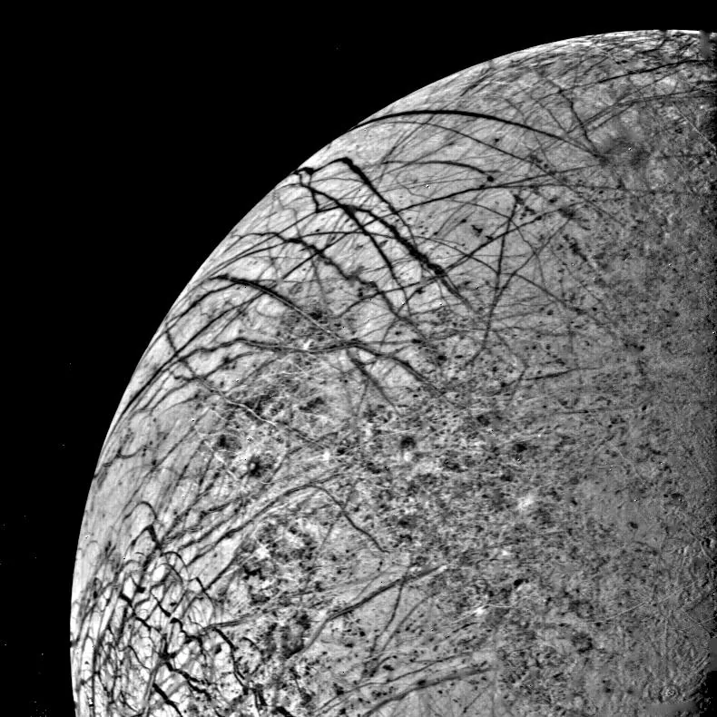 A partial grayscale view of Europa shows its curved limb and many crossing dark linear features.