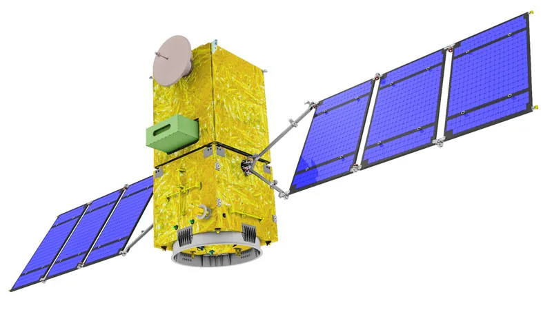 Illustration of a gold-covered Amazonia-1 spacecraft with upper payload module and two extended blue solar-panel wings