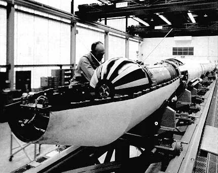 A technician works beside the striped spherical San Marco 1 spacecraft and surrounding launch hardware