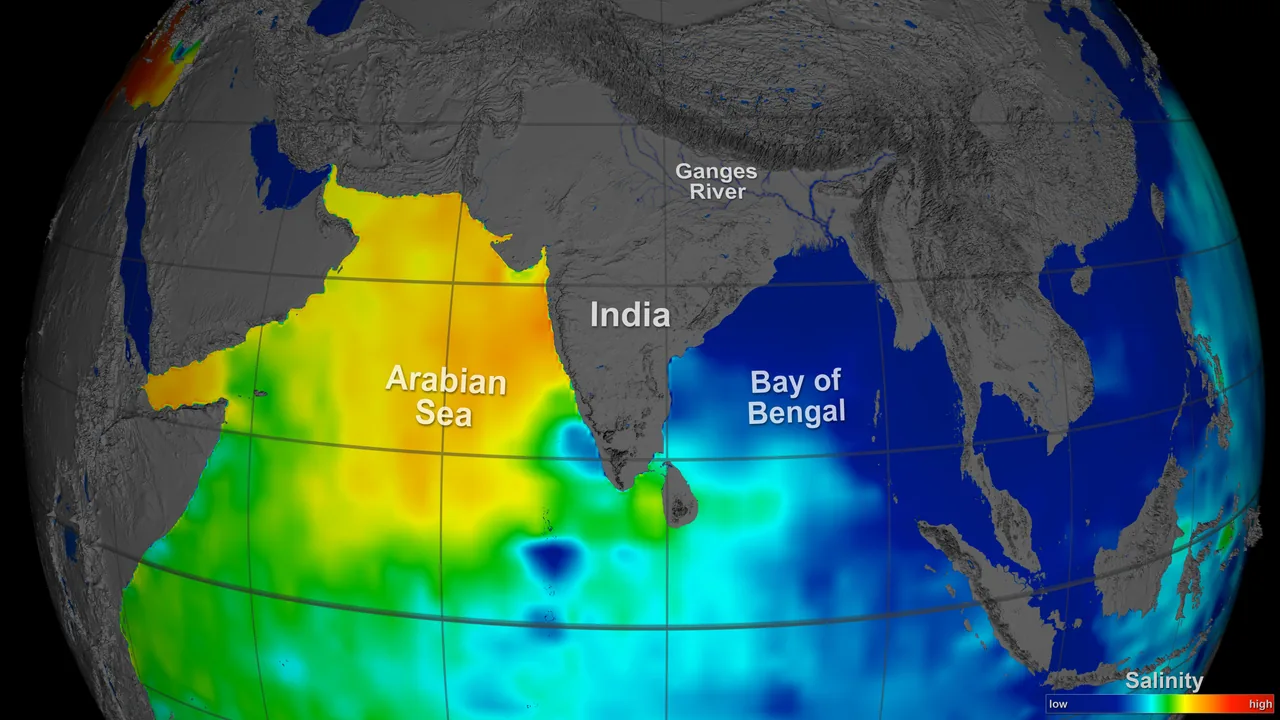 A labeled salinity map around India shows the Arabian Sea in yellow and green and the Bay of Bengal in blue, with a low-to-high color key.