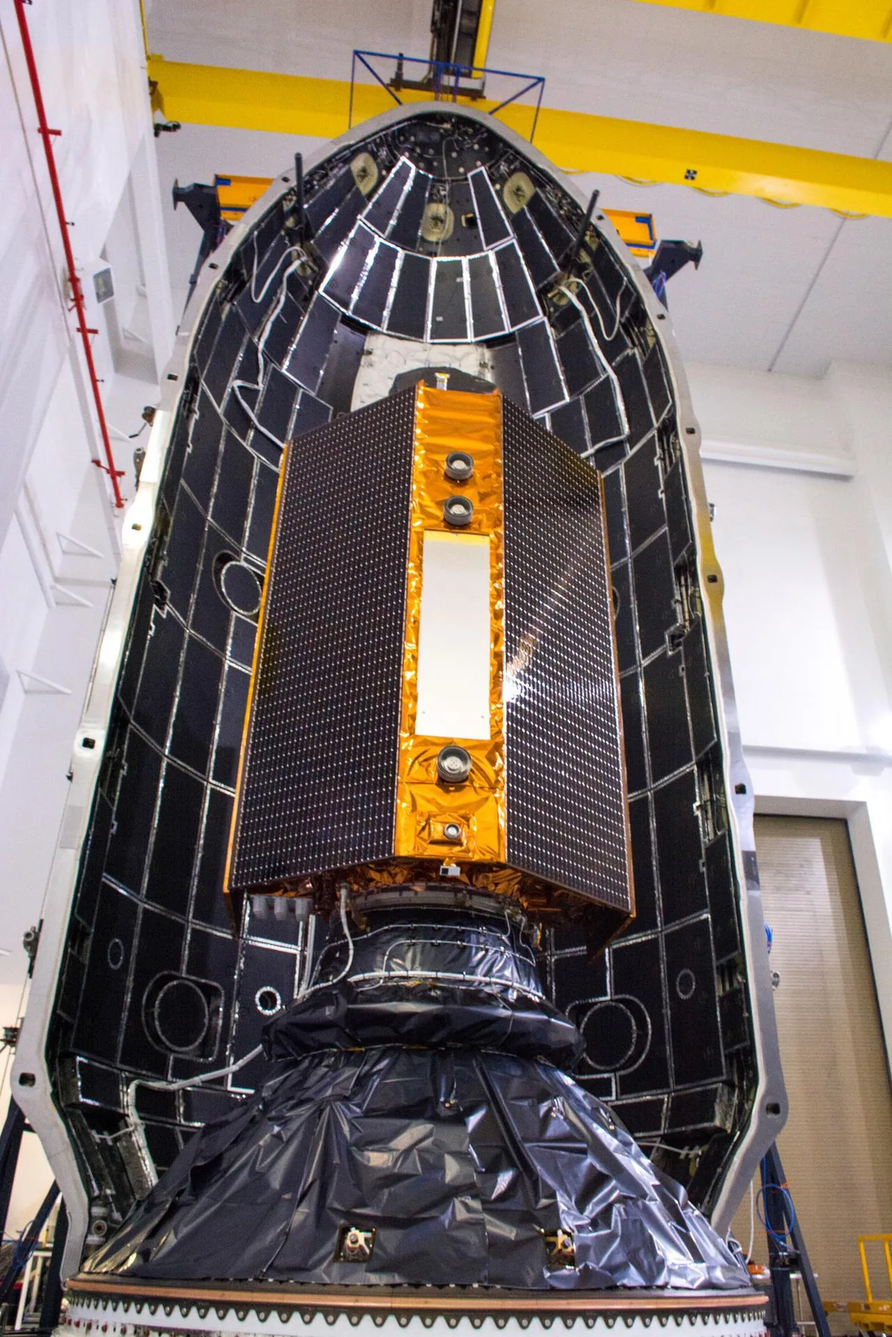 Sentinel-6 Michael Freilich stands on a payload adapter beside an open launch fairing