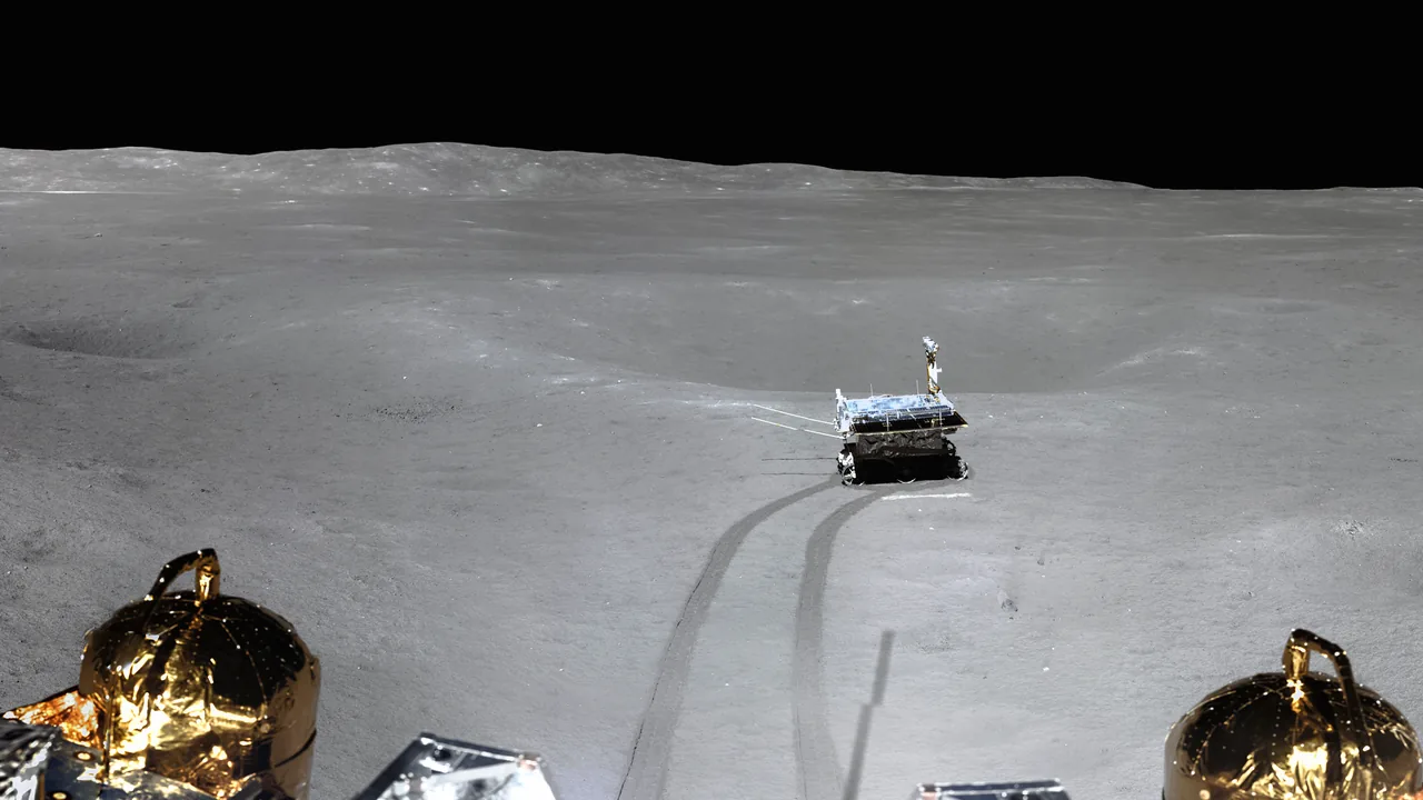 Yutu-2 rover stands on gray lunar ground, with curved wheel tracks leading from lander hardware at the foreground edges.