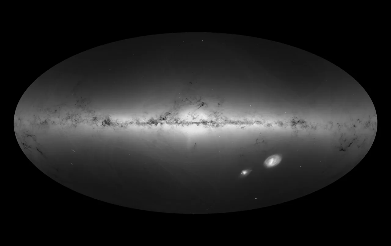An oval gray all-sky map has a bright band across its center, dark lanes and two bright patches below the band.