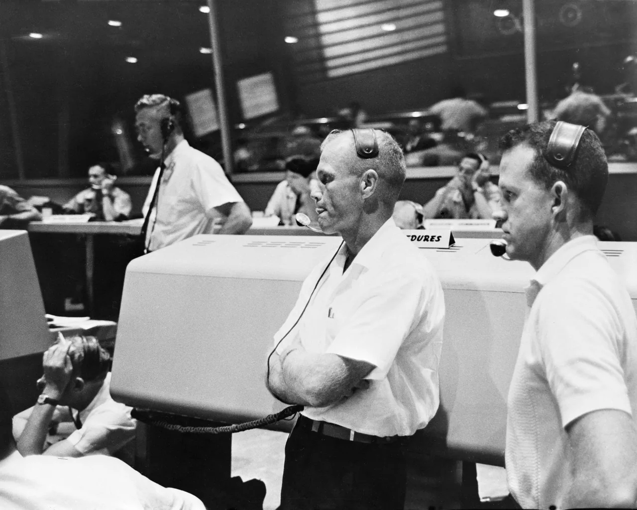 Controllers seated at consoles during the Liberty Bell 7 mission