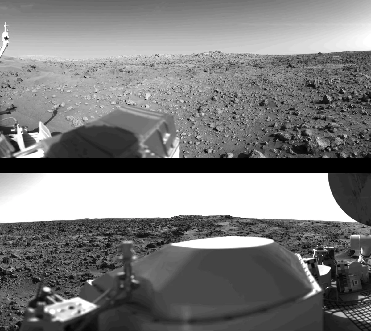 Two stacked portions of a Viking surface panorama show rocks, a distant horizon, spacecraft hardware, and bands across part of the sky