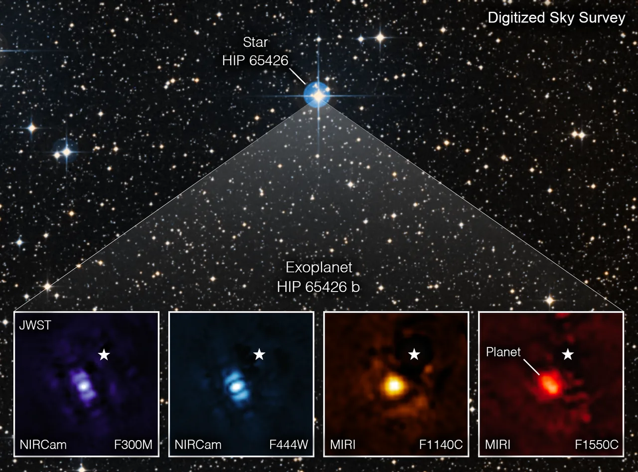 Four purple, blue, yellow-orange, and red Webb panels show HIP 65426 b as an unresolved source near a marked host position, below a survey star field.