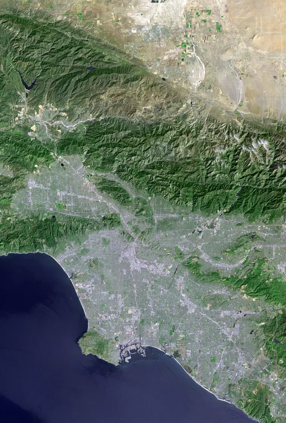 A satellite view of Los Angeles and its coastal mountains with shaded terrain relief