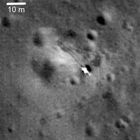 LRO orbital image showing the Luna 21 lander and Lunokhod 2 tracks, with a 10-meter scale.
