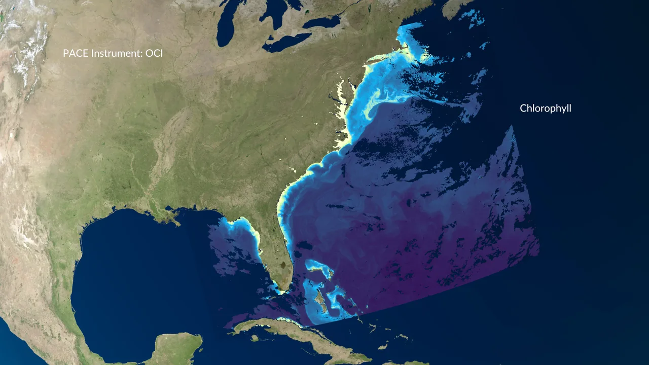 Map of the eastern United States and western Atlantic with a colored ocean swath, labeled PACE Instrument: OCI and Chlorophyll.