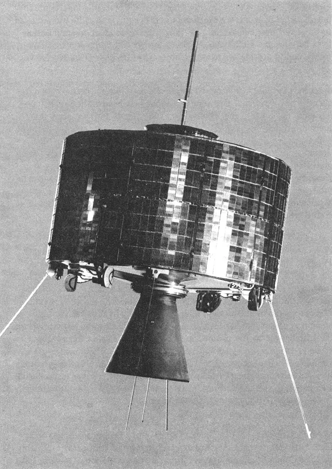 The cylindrical Syncom 2 spacecraft has solar-cell panels and projecting antennas