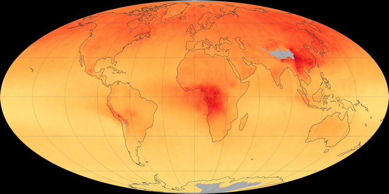 Oval world map of 2014 carbon monoxide with orange and red regions and gray gaps; complete full-frame NASA data visualization