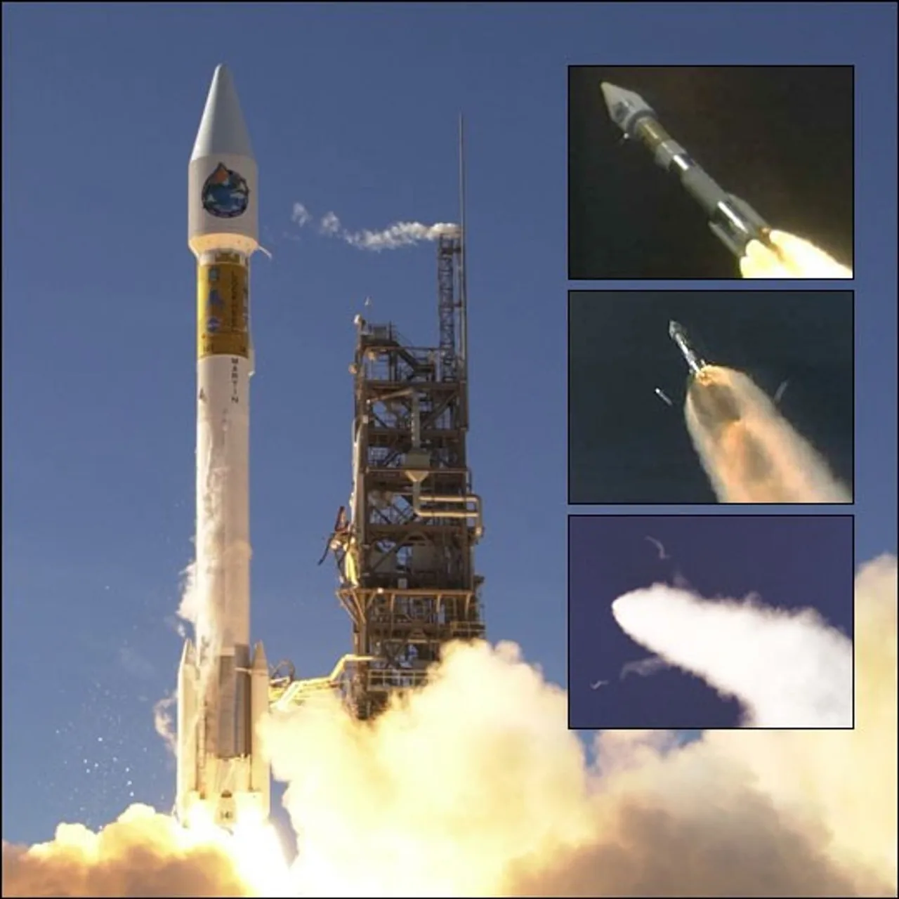 A montage combines Terra’s rocket launch with three inset views of ascent