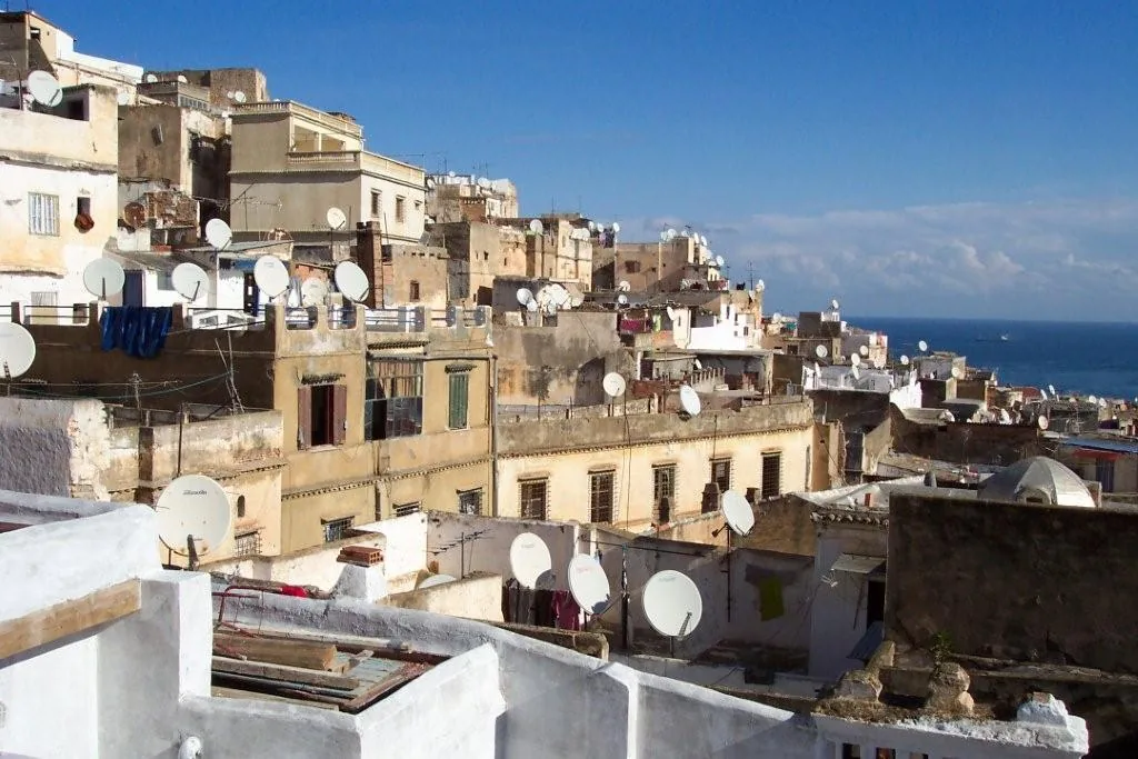 Many pale satellite dishes stand on closely packed rooftops overlooking the sea in Algiers