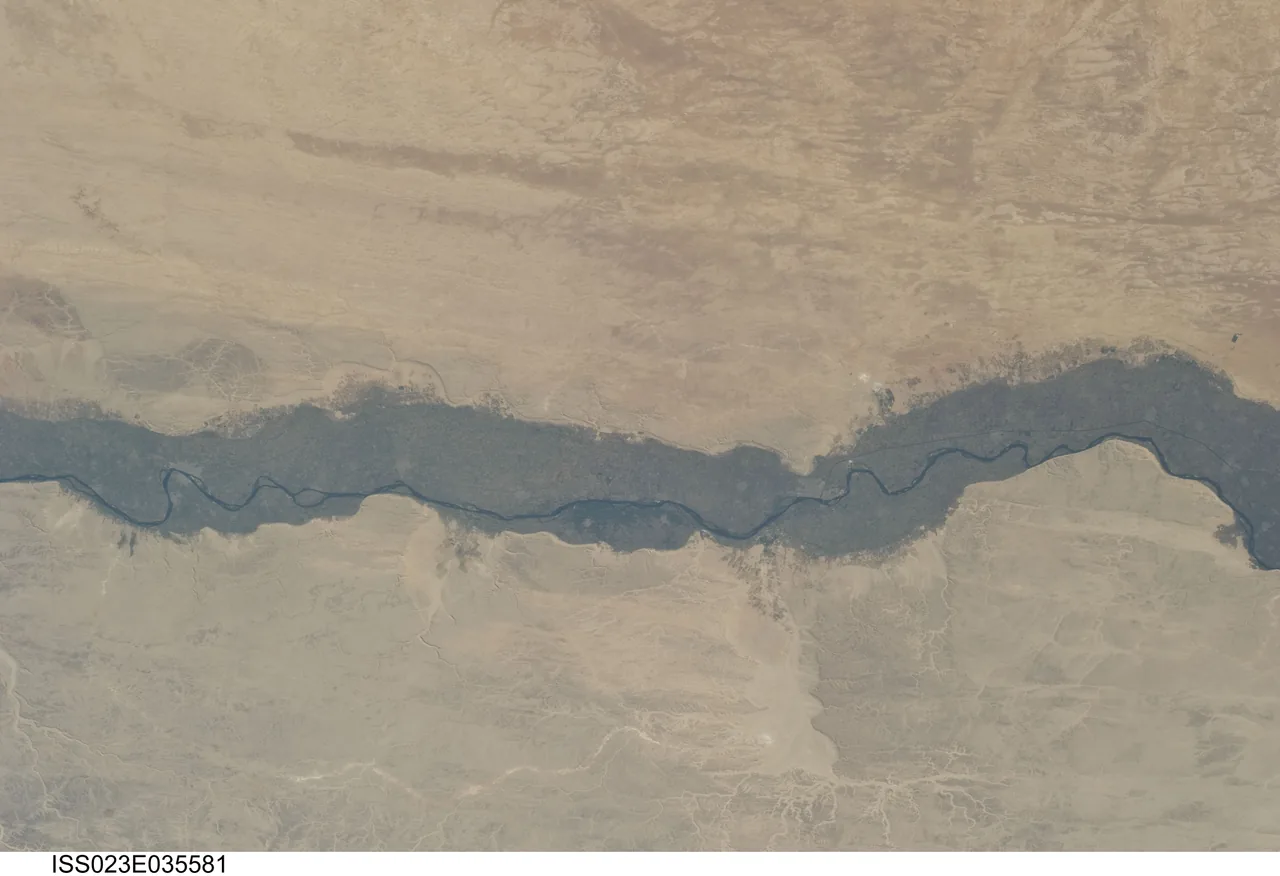 The winding Nile and a dark band of cultivated land cross pale desert, with the NASA frame identifier along the bottom edge