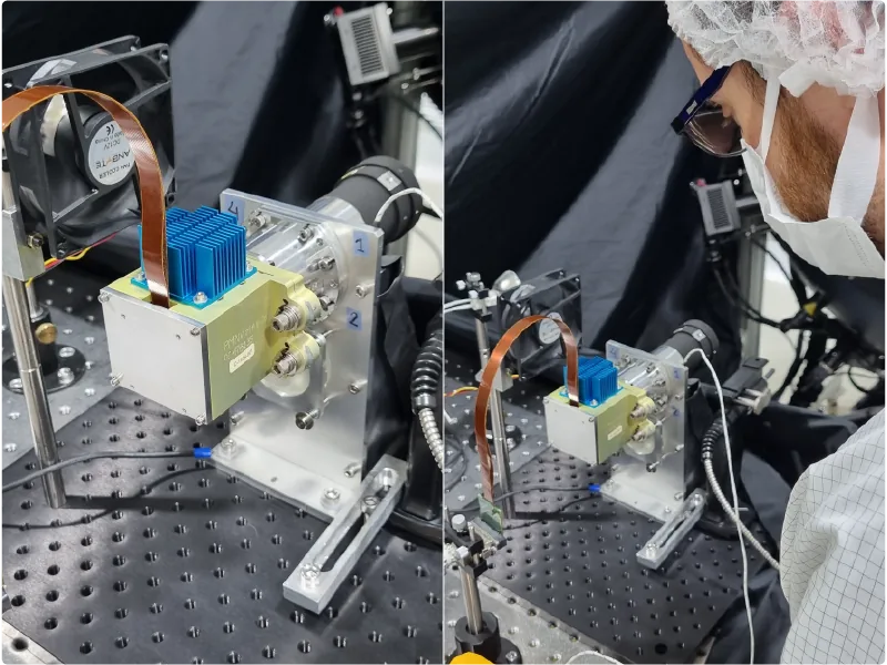 Two-panel photograph of an electro-optical module on a perforated optical bench, with a technician leaning toward the equipment in the right panel