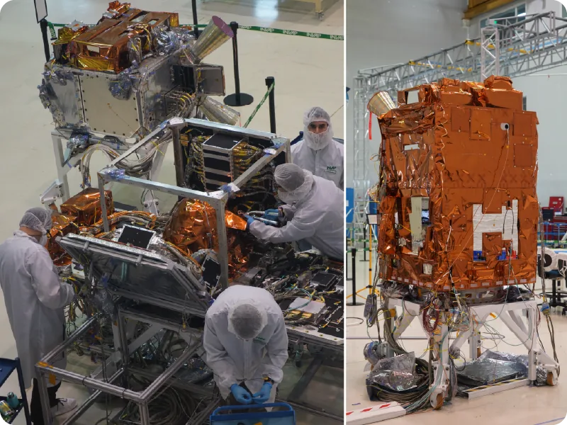 Two-panel ground photograph: technicians work around SABIA-Mar components at left, and a foil-covered integrated spacecraft stands on a support fixture at right