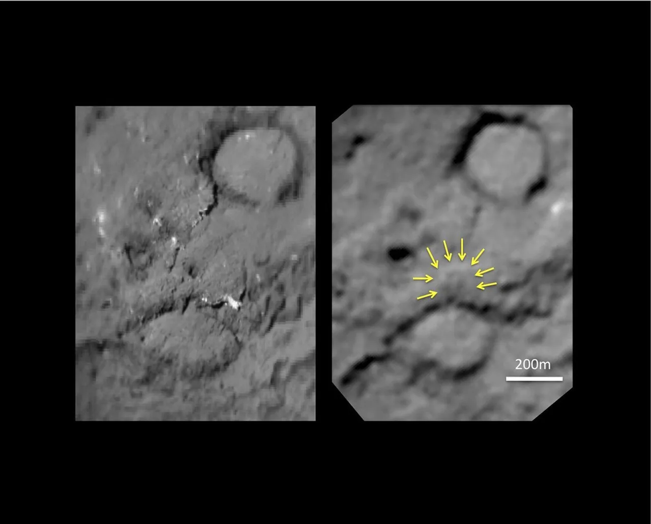 Two grayscale views show corresponding comet terrain; yellow arrows in the right panel mark the impact crater beside a 200-meter scale bar.