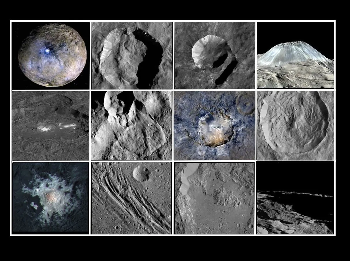 A twelve-panel Dawn collage shows Ceres, craters, bright deposits, and Ahuna Mons at upper right in a simulated oblique view.
