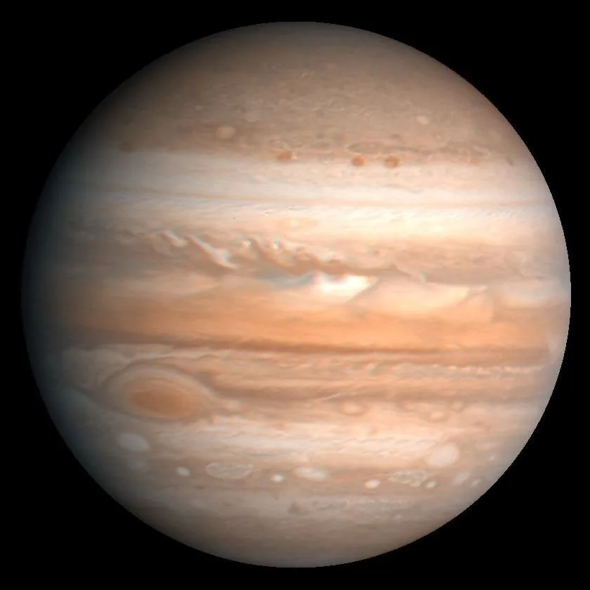 Jupiter’s cream and brown cloud bands, with the oval Great Red Spot in the lower-left part of the disk
