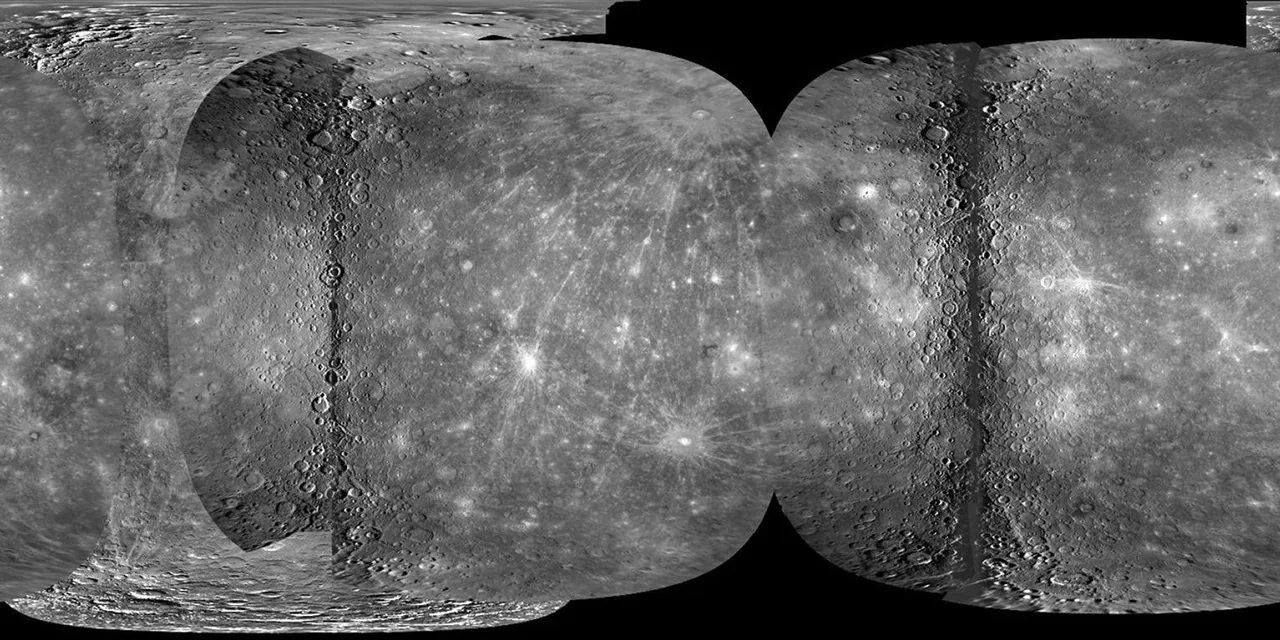 A rectangular grayscale Mercury mosaic shows cratered terrain with broad seams and changes in illumination between assembled observations.