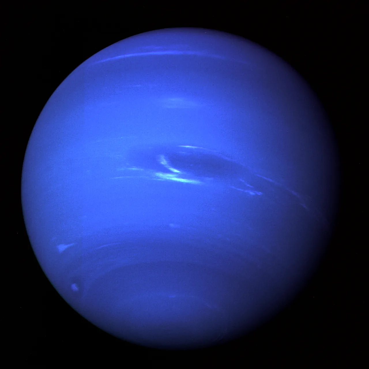 A strongly blue disk of Neptune has a dark oval near its middle, bright adjacent clouds, and lighter narrow atmospheric bands.