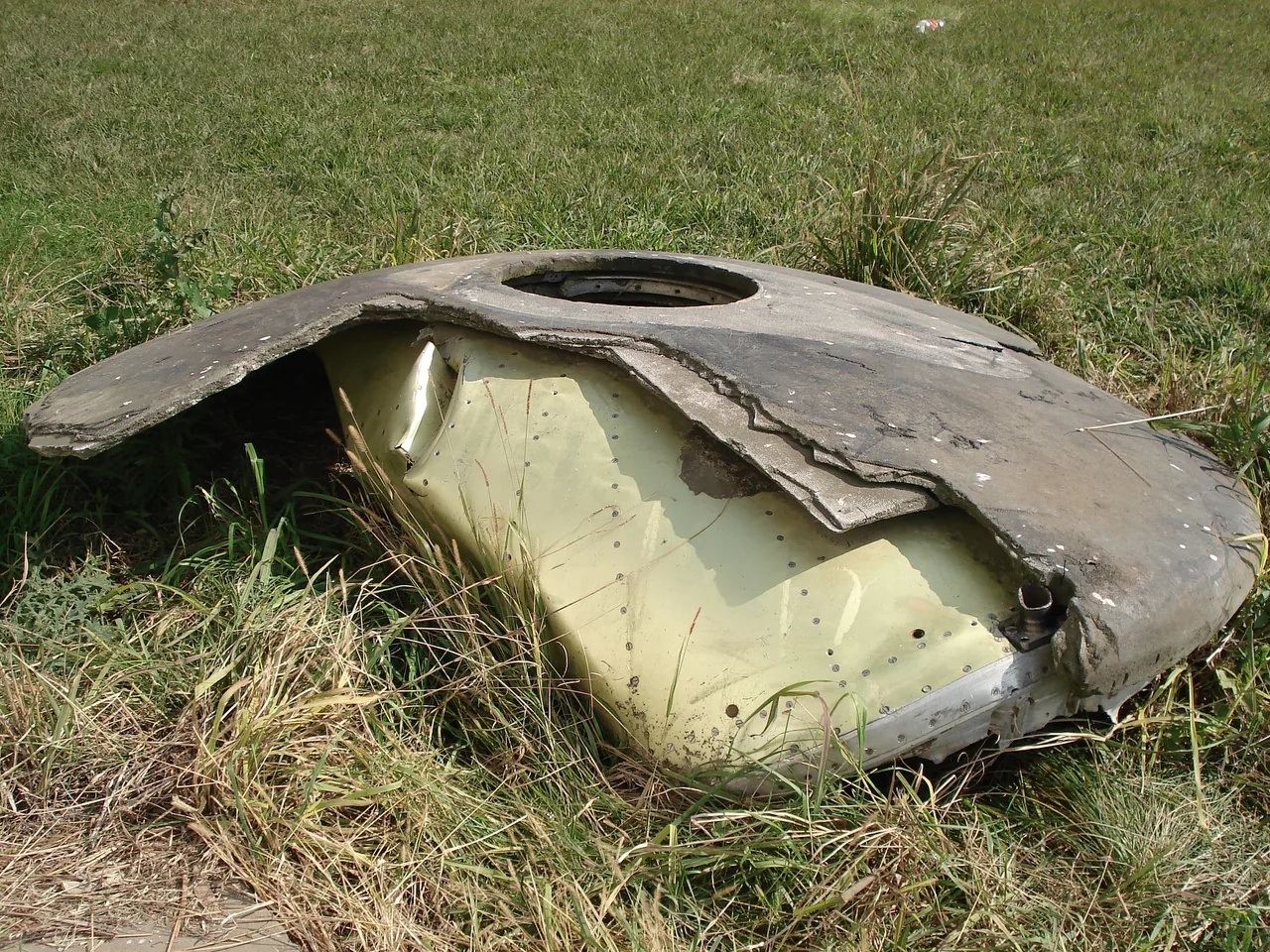 A large heat-damaged section of the exact Salyut 7 station wreckage resting in grass after recovery in Entre Ríos, Argentina