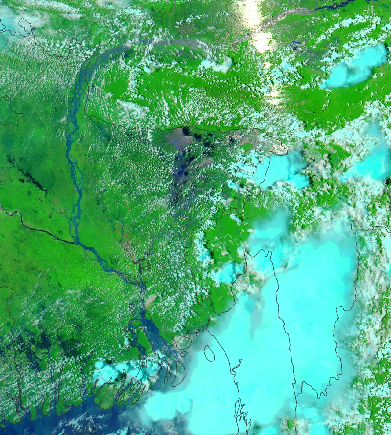 False-color satellite view of Bangladesh and surrounding areas with dark rivers, green land and bright cloud cover on 2 June 2020
