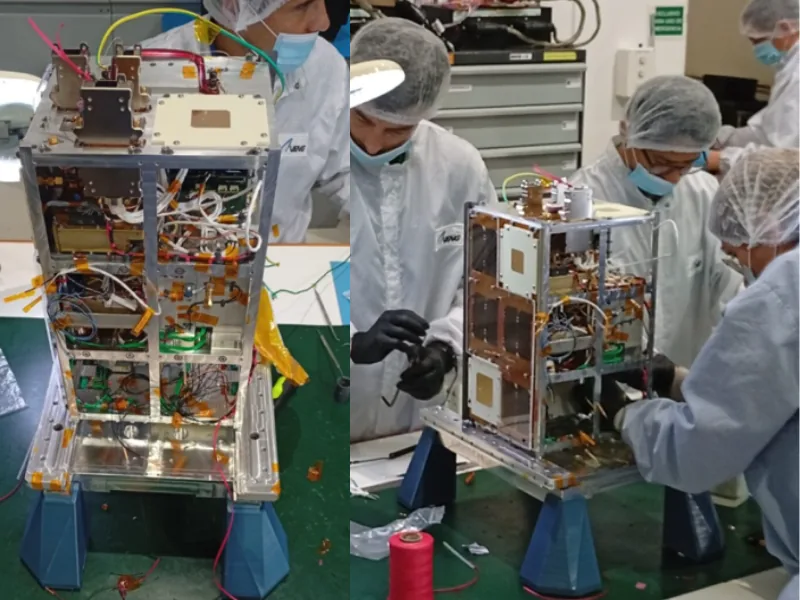 Two joined photographic views show ATENEA’s open structure and engineers working on its electronics in cleanroom clothing