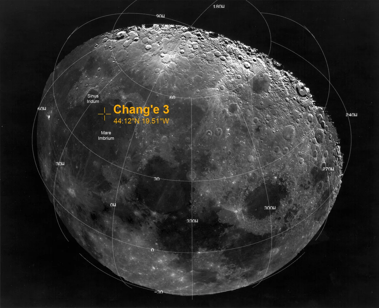 Black-and-white telescopic photograph of the Moon with coordinate grid and an orange marker for the approximate Chang'e-3 landing site.