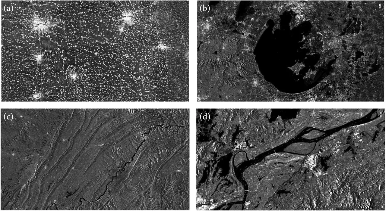 Four grayscale radar panels show bright settlements, a dark lake, folded terrain and river channels.