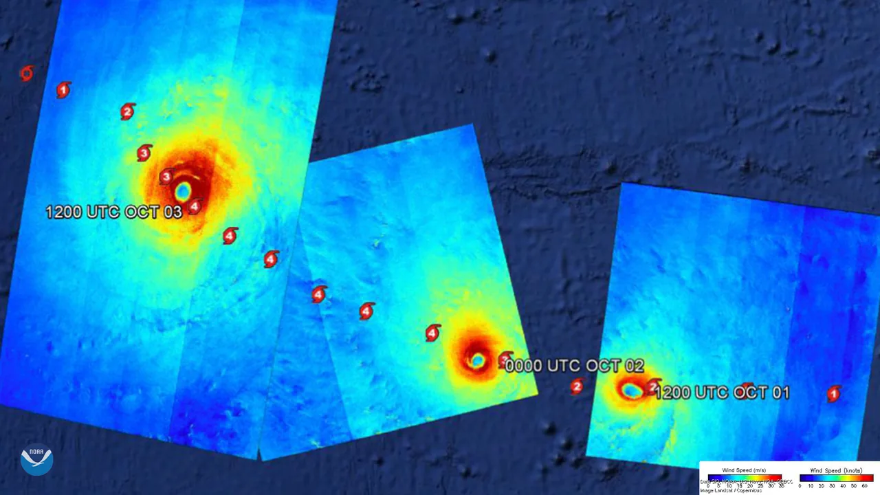 Three color-coded radar swaths show Hurricane Marie with observation dates and a wind-speed scale