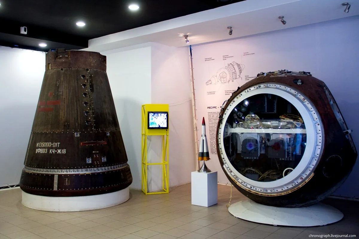 At right, a dark spherical Resurs-F1 capsule has a large circular opening showing internal cameras; a separate conical spacecraft artifact stands at left.
