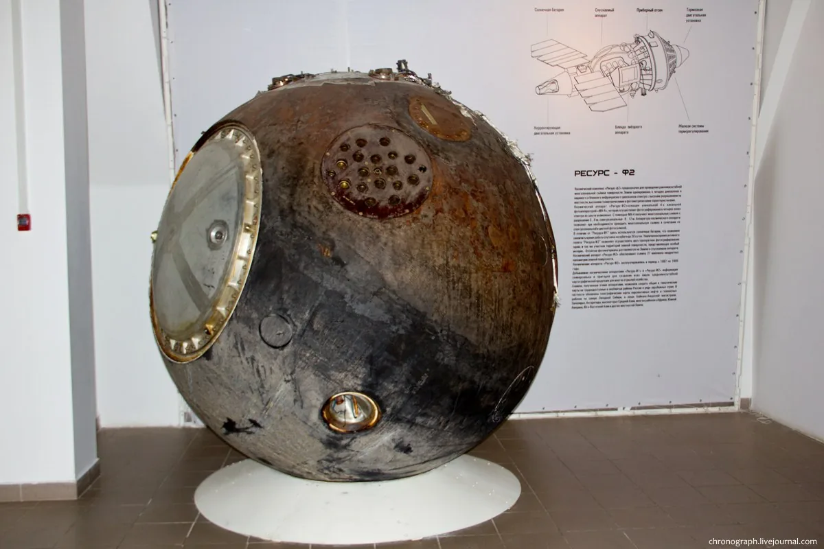 A weathered spherical descent capsule with several circular ports rests on a white plinth in front of a Resurs-F2 exhibit panel.