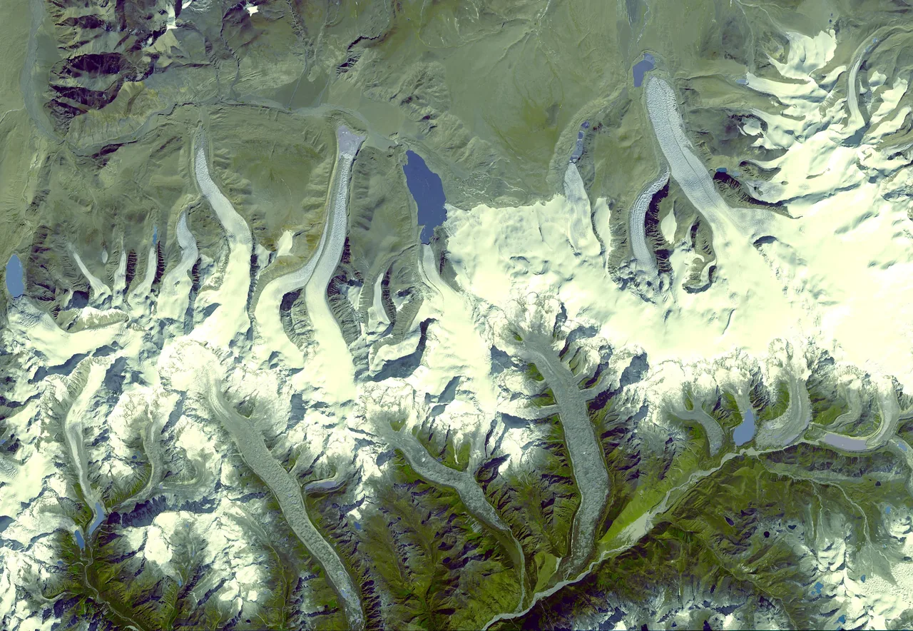 Processed satellite view of snowy mountain ridges, glaciers, lakes, green-tinted terrain and dark shadows in the Bhutan Himalayas