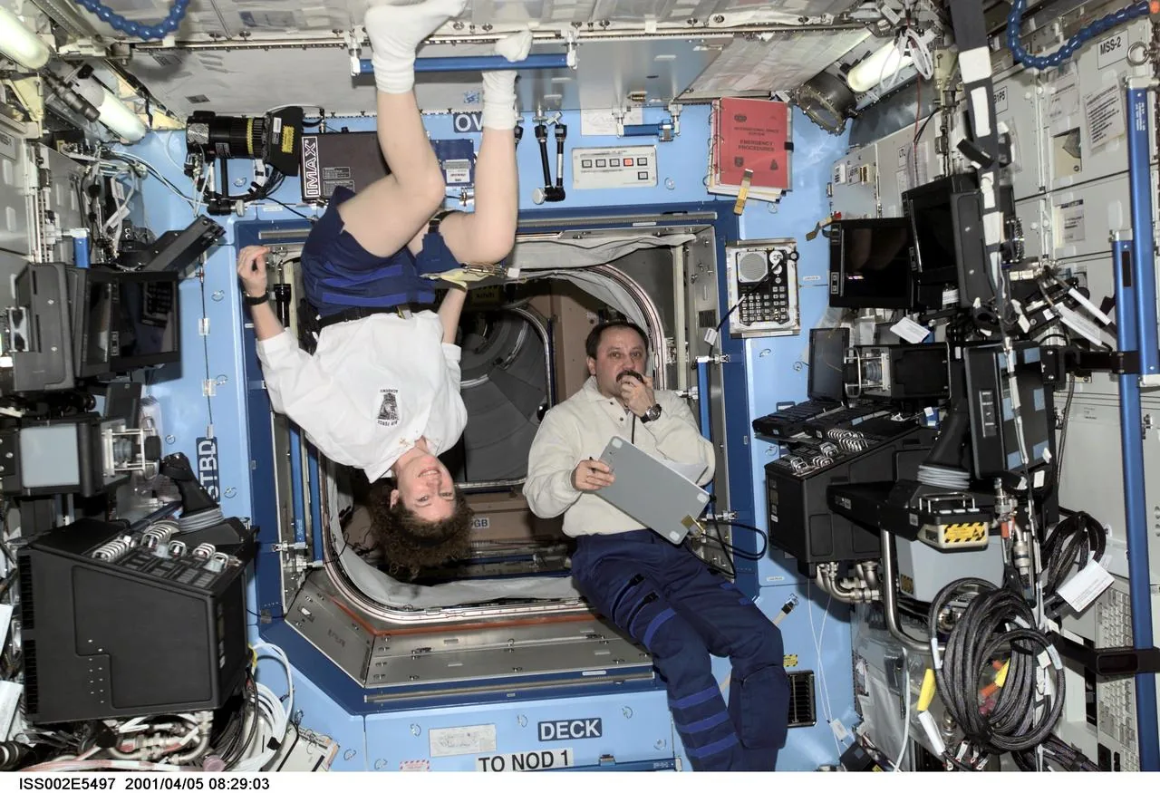 Two crew members occupy different orientations among equipment, handholds and displays in a station module