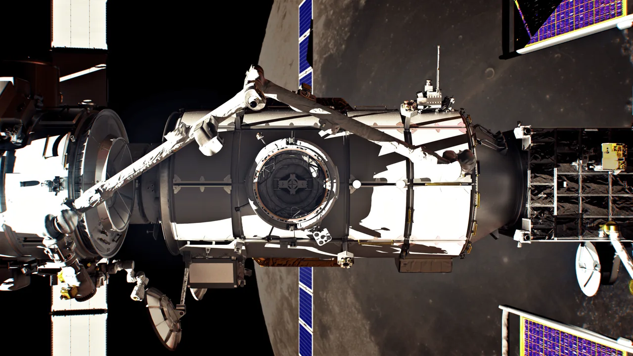 Computer rendering of a cylindrical Gateway habitation module with a circular docking port, robotic arm and solar arrays above the Moon
