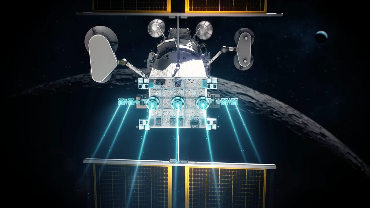 NASA concept illustration of Gateway power and propulsion hardware with extended solar arrays.